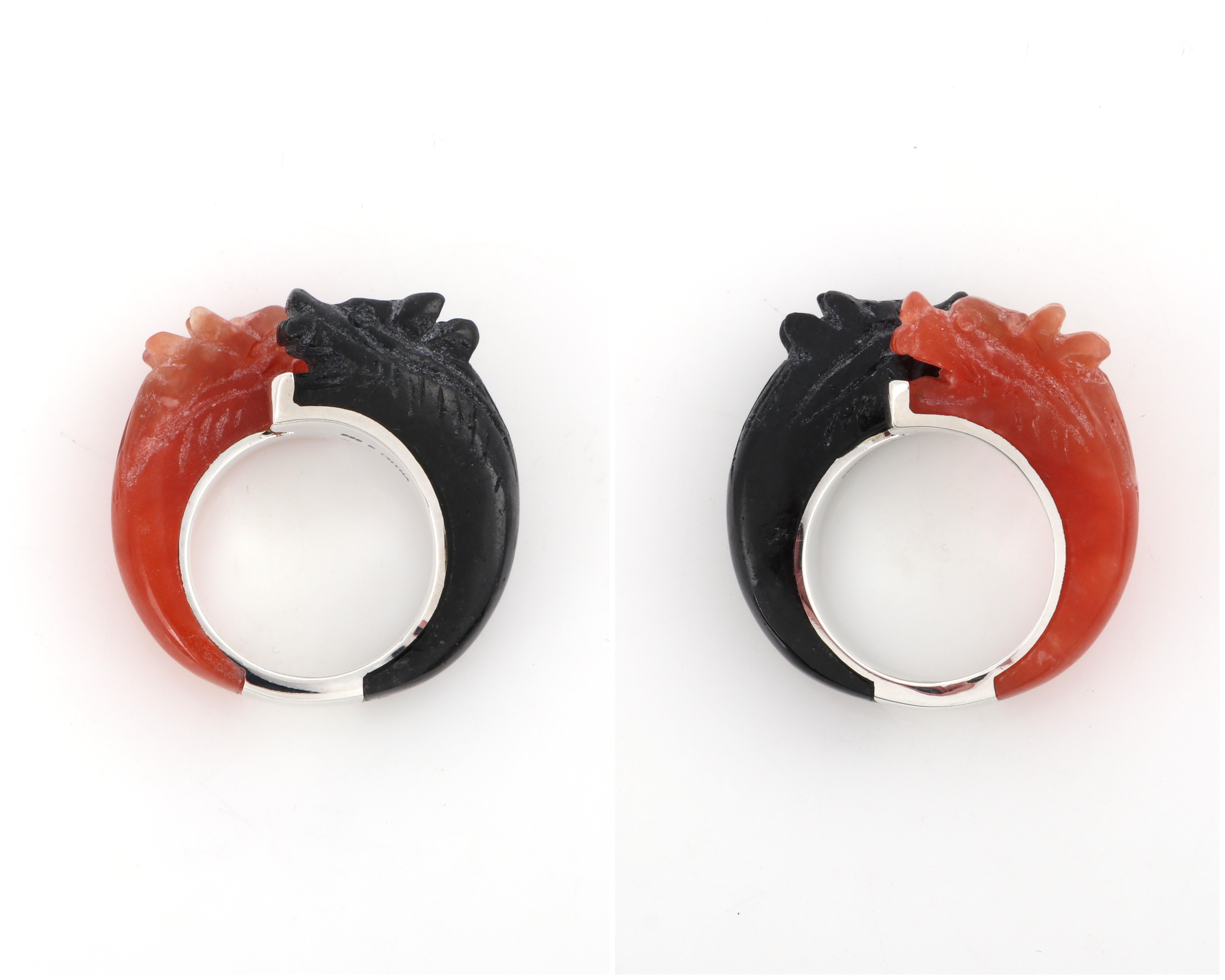Black & Red Carved Jade Nephrite Dragon Sterling Silver Bangle Bracelet Ring Set In Good Condition In Thiensville, WI
