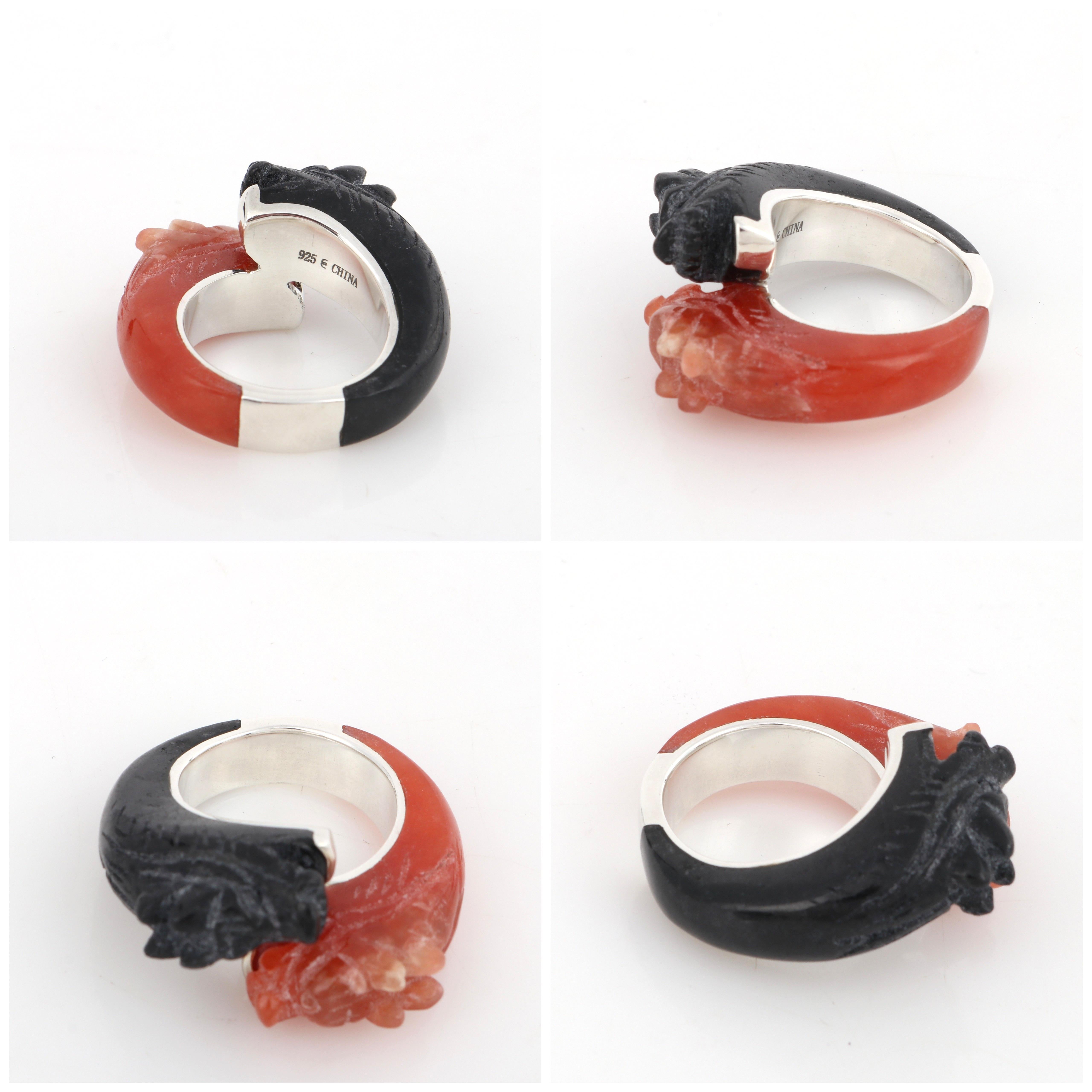Black & Red Carved Jade Nephrite Dragon Sterling Silver Bangle Bracelet Ring Set 2