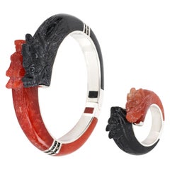 Black & Red Carved Jade Nephrite Dragon Sterling Silver Bangle Bracelet Ring Set