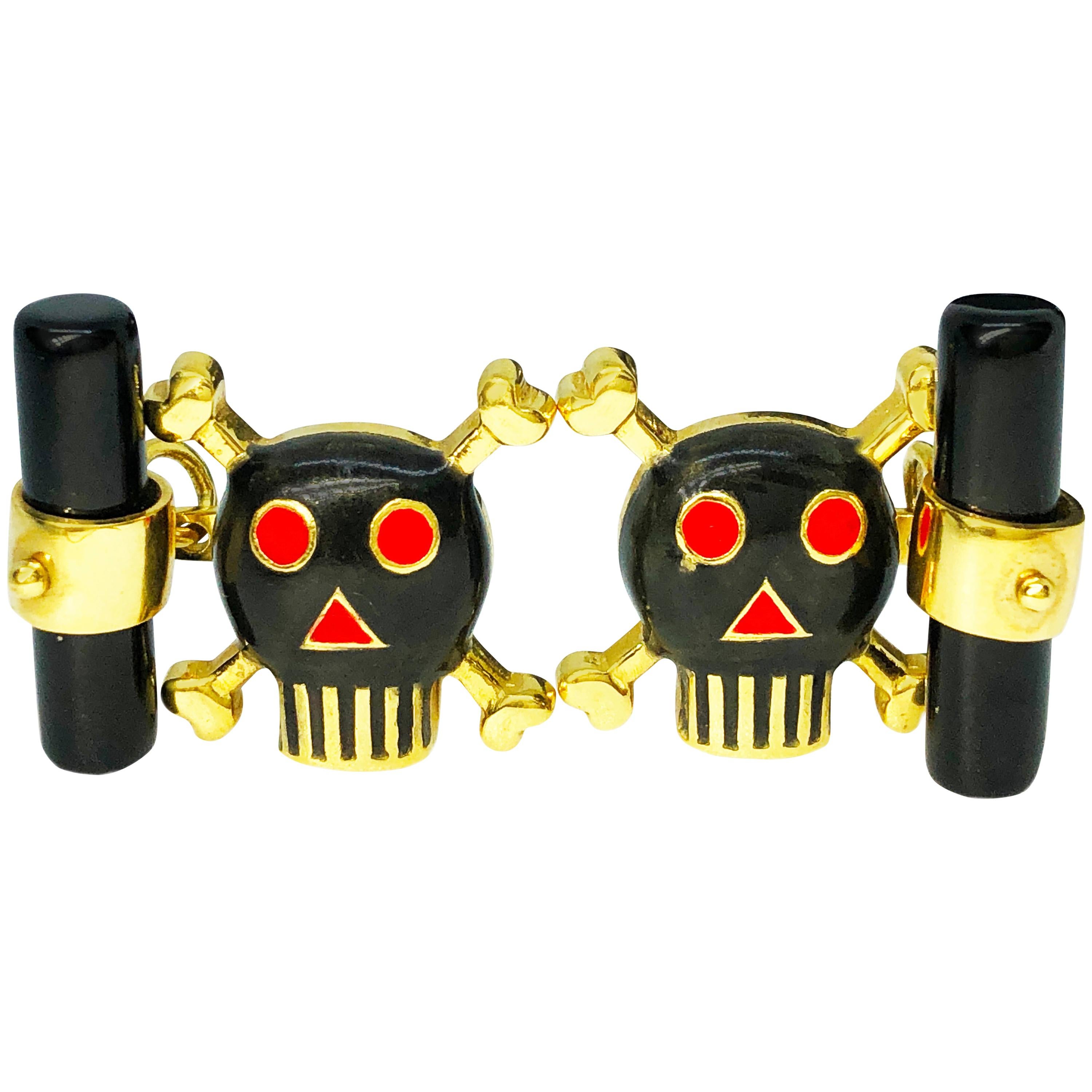 Berca Black Red Enameled Skull Shaped Onyx Back 18 Carat Yellow Gold Cufflinks For Sale