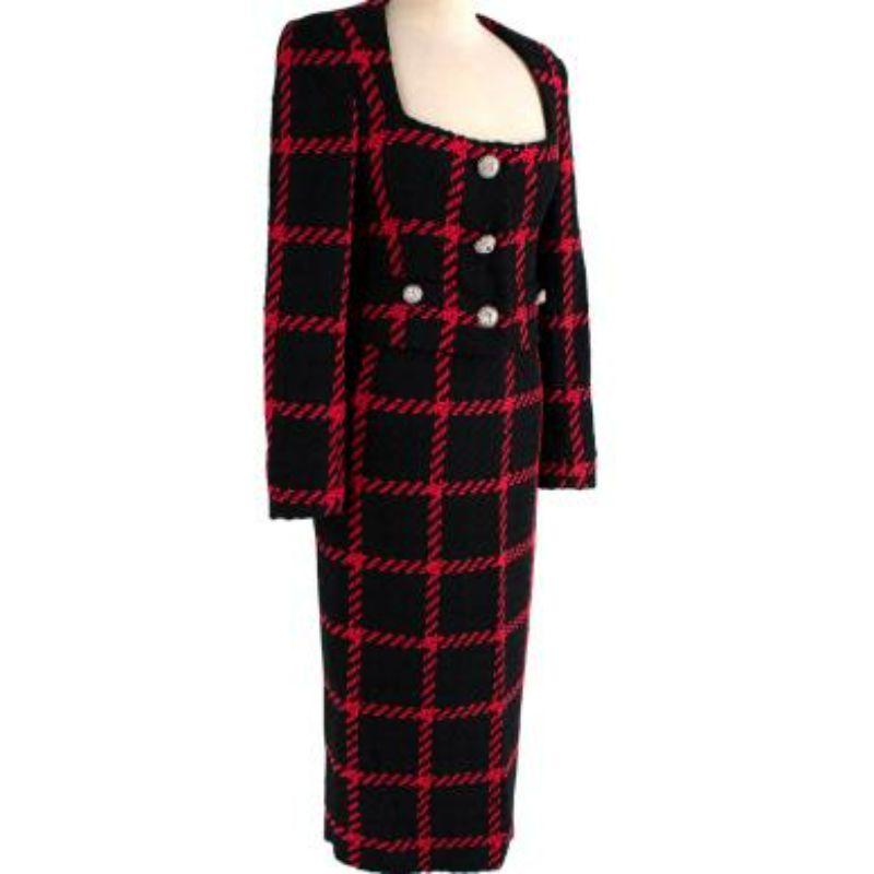 Alessandra Rich black & red windowpane check boucle jacket & skirt
 
 - Sharply tailored, vintage-inspired silhouette the brand is known for
 - Bold red exaggerated windowpane check on a black base
 - Collarless, cropped jacket with a deep square