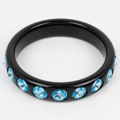 Black Resin Bracelet Bangle with Baby Blue Crystal Rhinestones