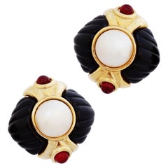 Black Resin, Faux Pearl & Ruby Red Gripoix Glass Mughal Style Statement Earrings