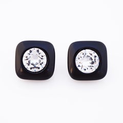 Black Resin Puffy Square Earrings With Faceted Crystals By Lanvin, 1970s