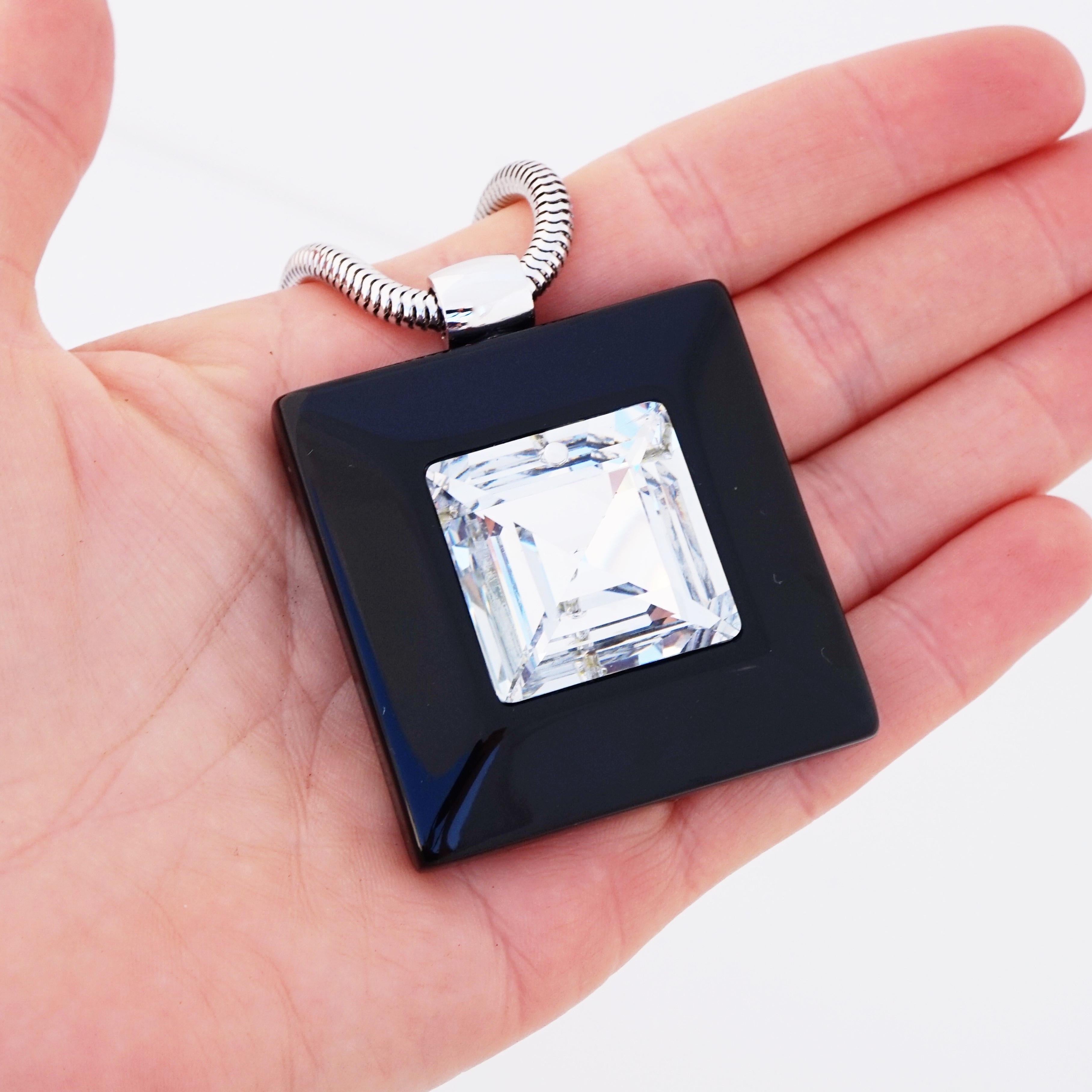 Modern Black Resin Square Pendant Necklace With Faceted Crystal By Lanvin, 1970s For Sale