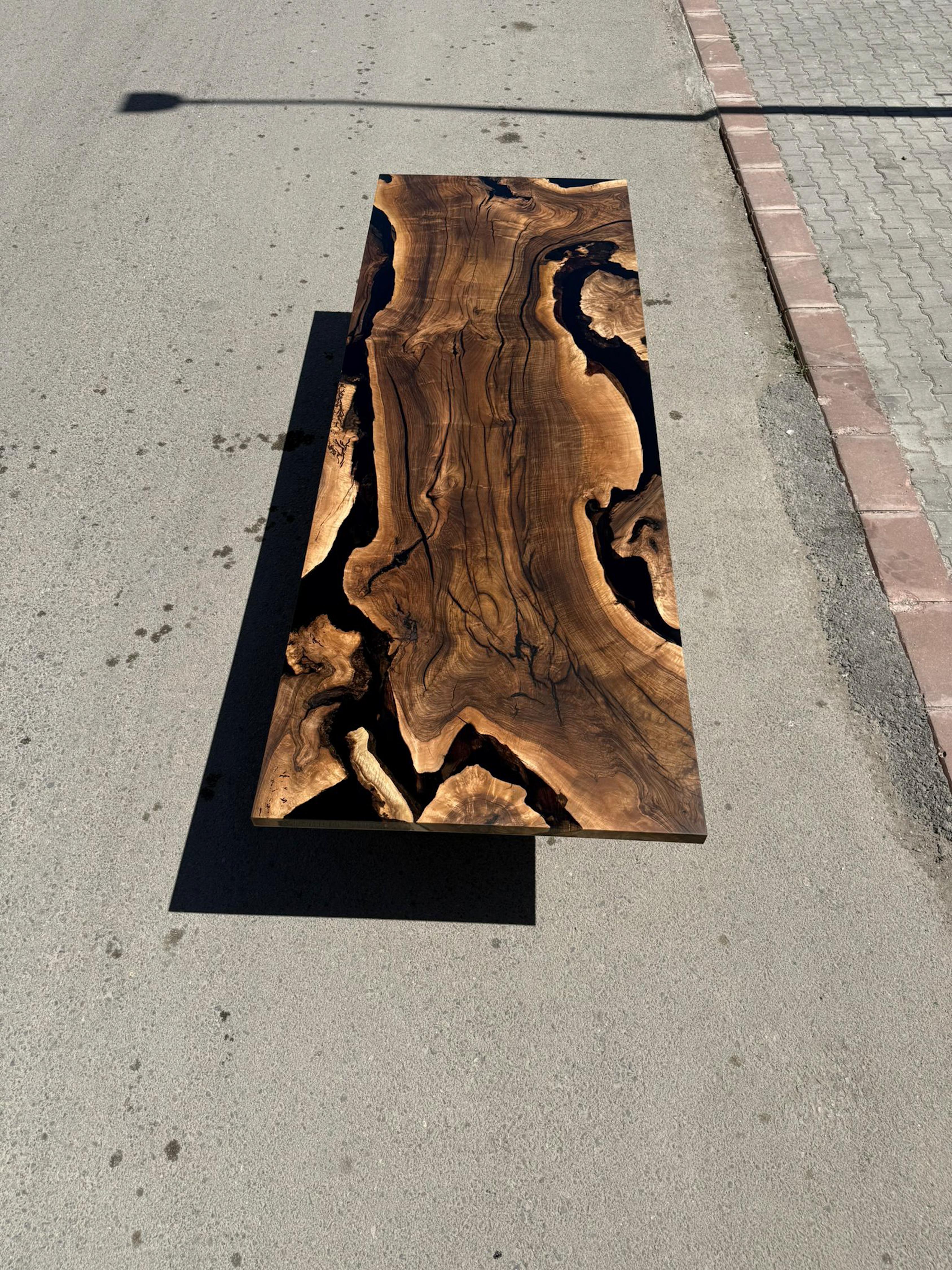Arts and Crafts Black Resin Walnut Wood Dining Room Table - Custom Wooden Table For Sale