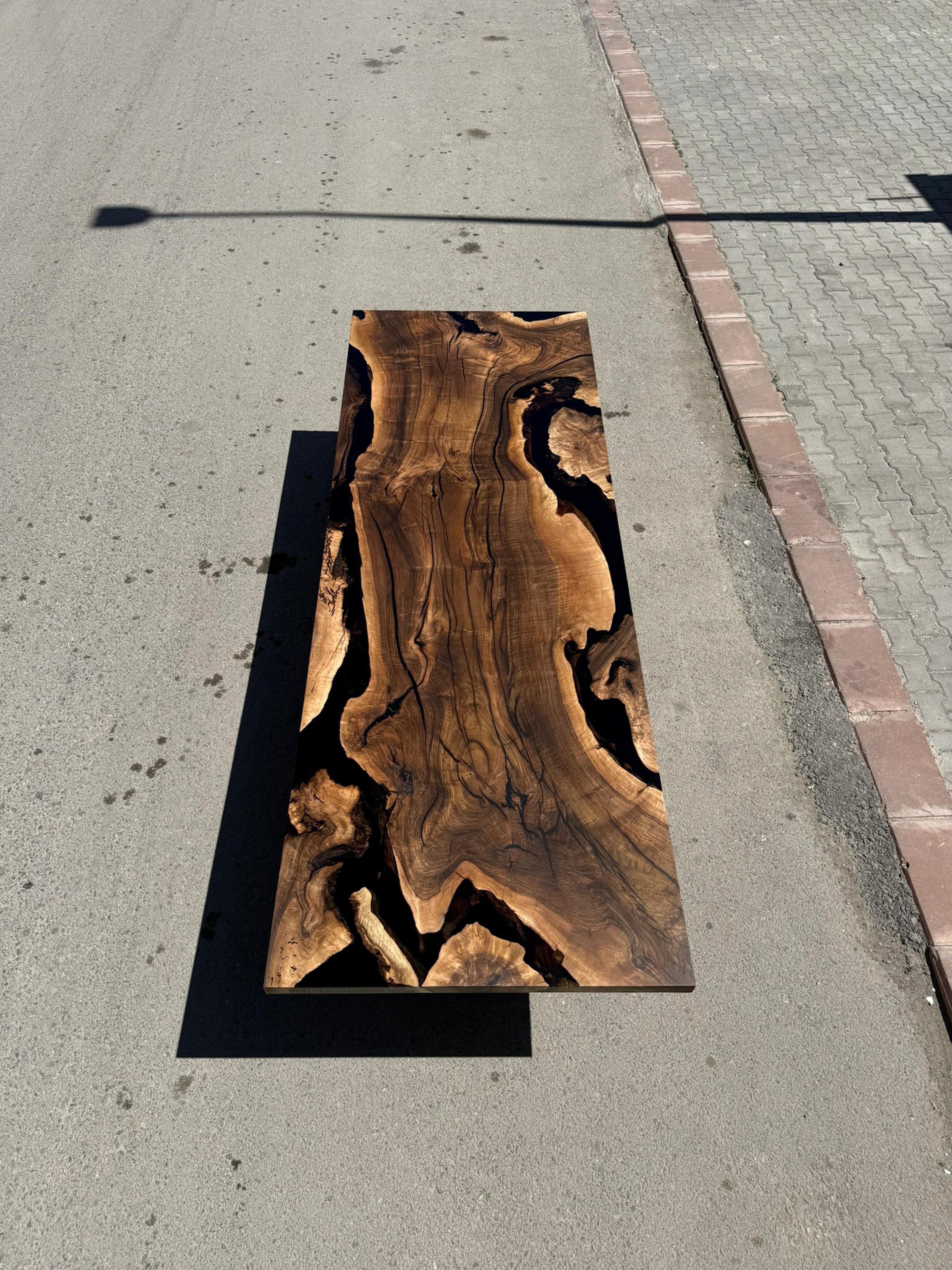 Contemporary Black Resin Walnut Wood Dining Room Table - Custom Wooden Table For Sale