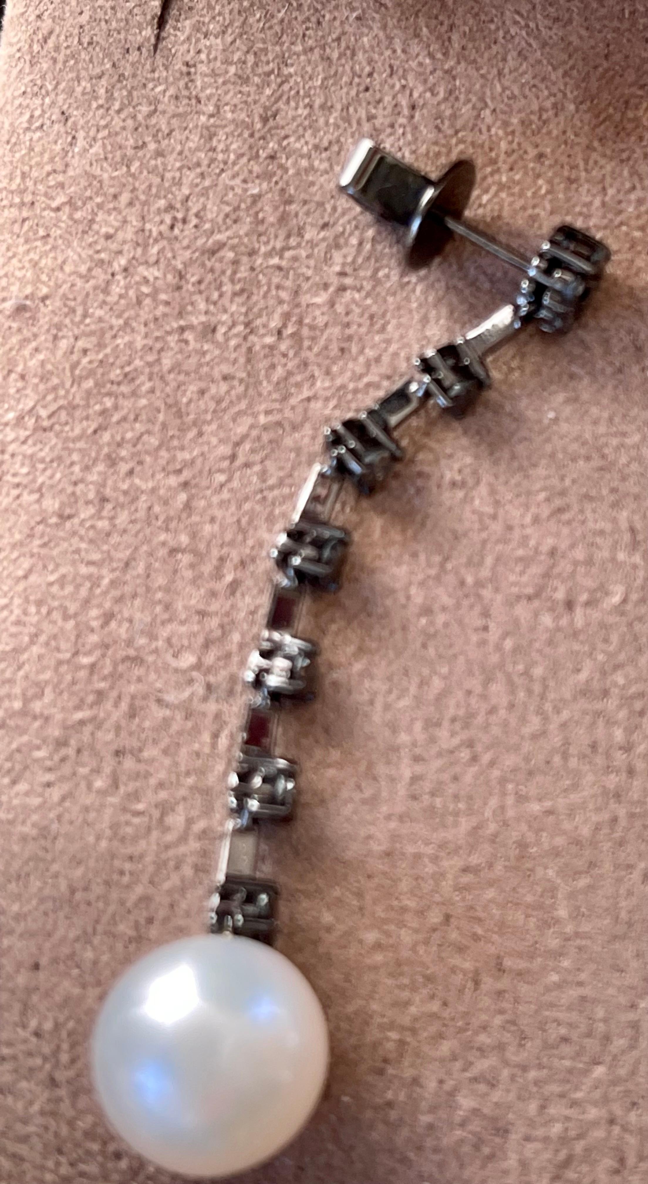Black Rhodium 18 K Single Line Black Diamonds South Sea Pearl Dangle Earrings In New Condition For Sale In Zurich, Zollstrasse