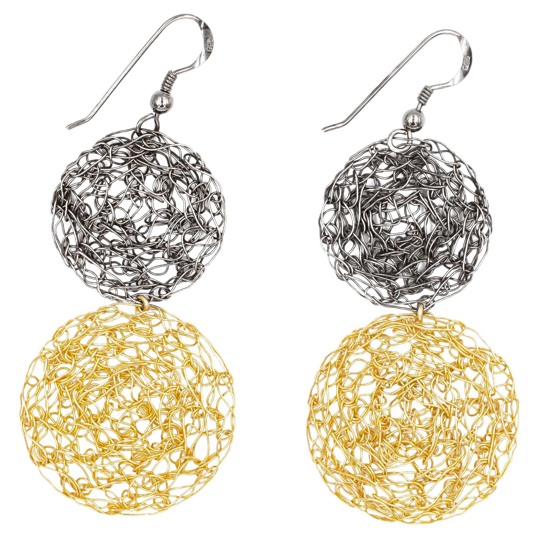 Black Rhodium and Gold Disc Earrings For Sale