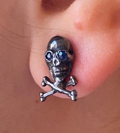 Black Rhodium Blue Sapphire Skull Skelton Crossed Bones Stud Man Single Earring