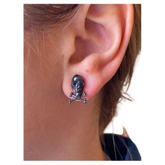Black Rhodium Blue Sapphire Skull Skelton Crossed Bones Stud Man Single Earring