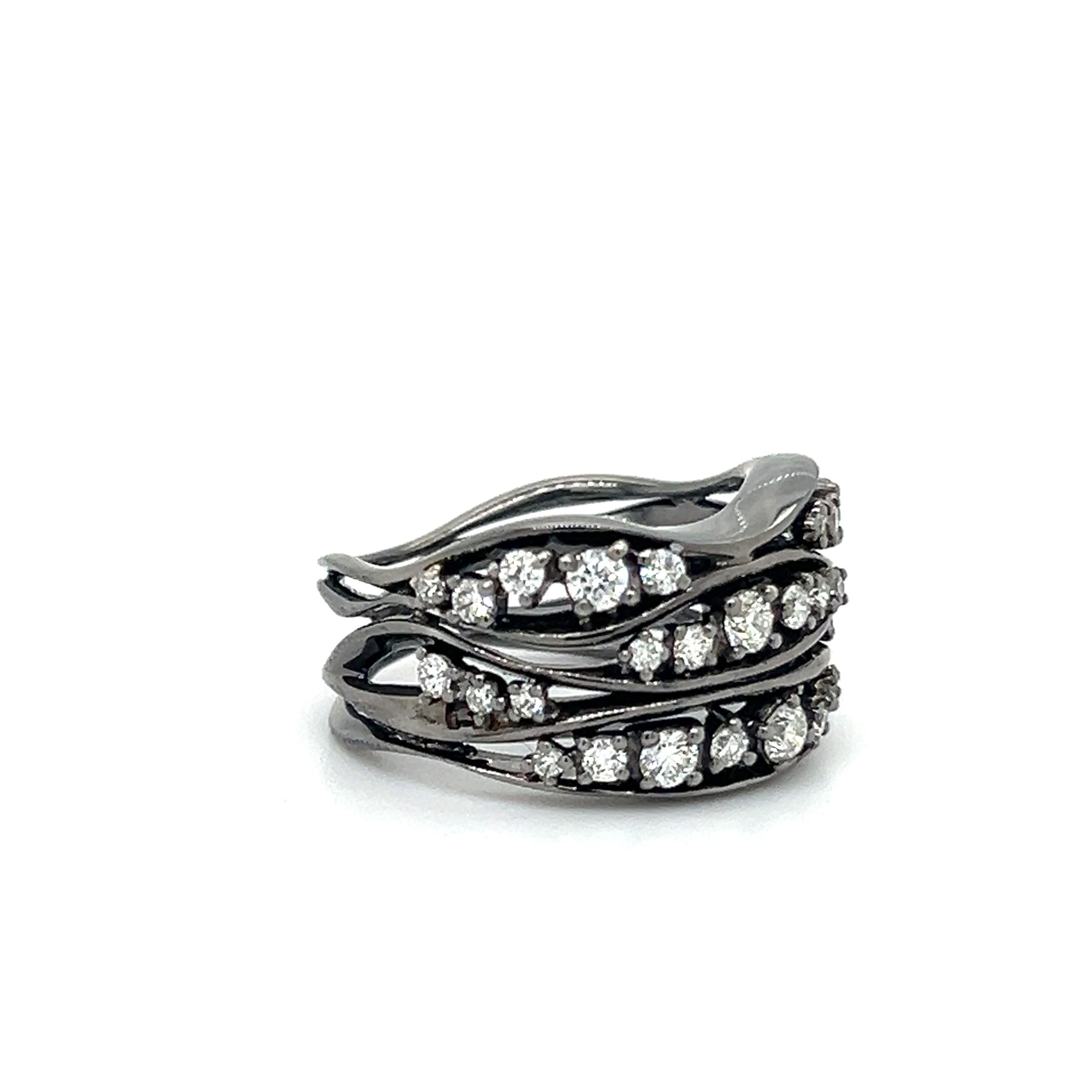 Contemporary Black Rhodium Diamond Open Work Wave Design Ring 18k For Sale