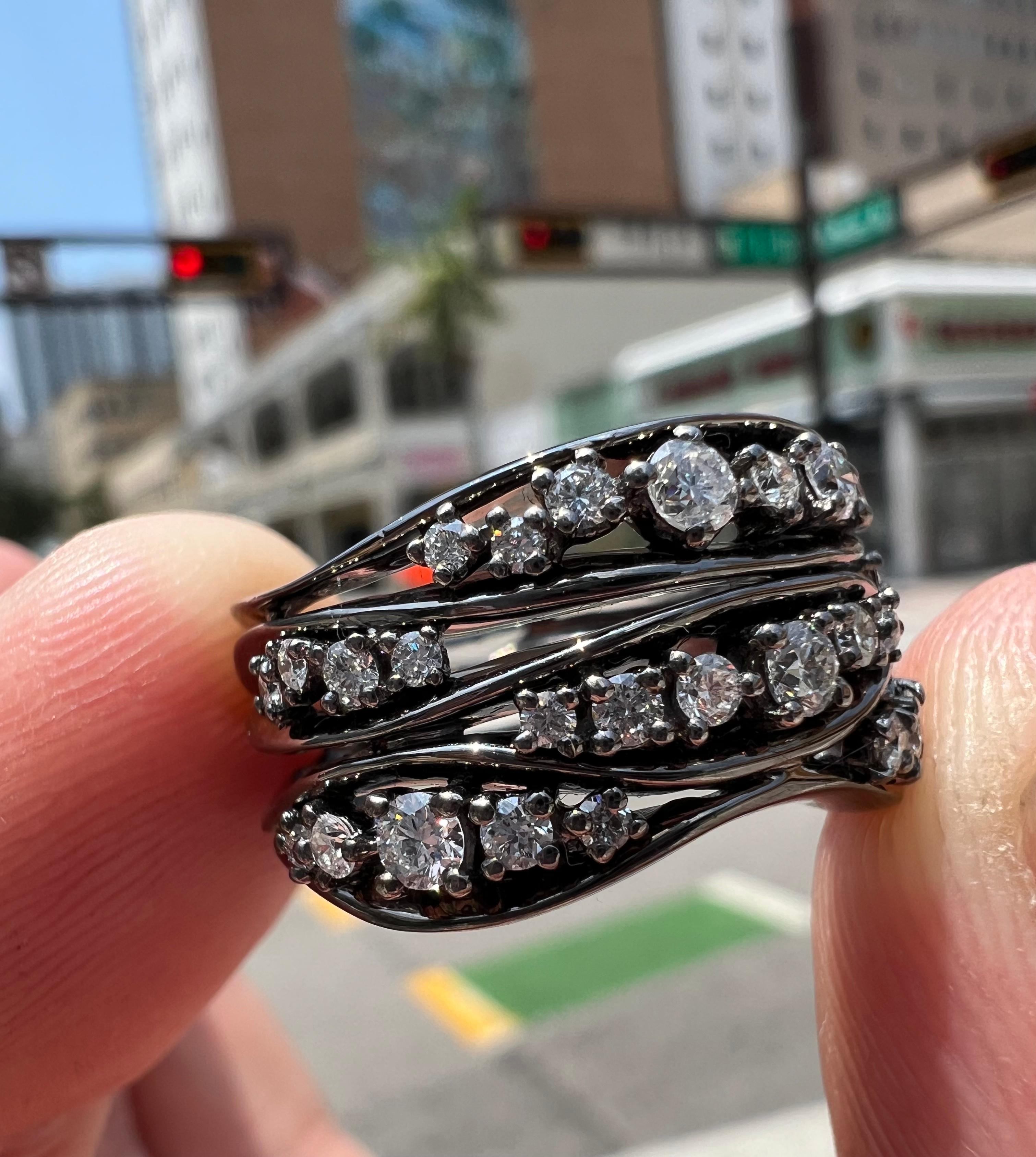 Women's or Men's Black Rhodium Diamond Open Work Wave Design Ring 18k For Sale