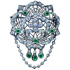 Black Rhodium Finished Pendant with Emeralds and Diamonds Art Nouveau Style