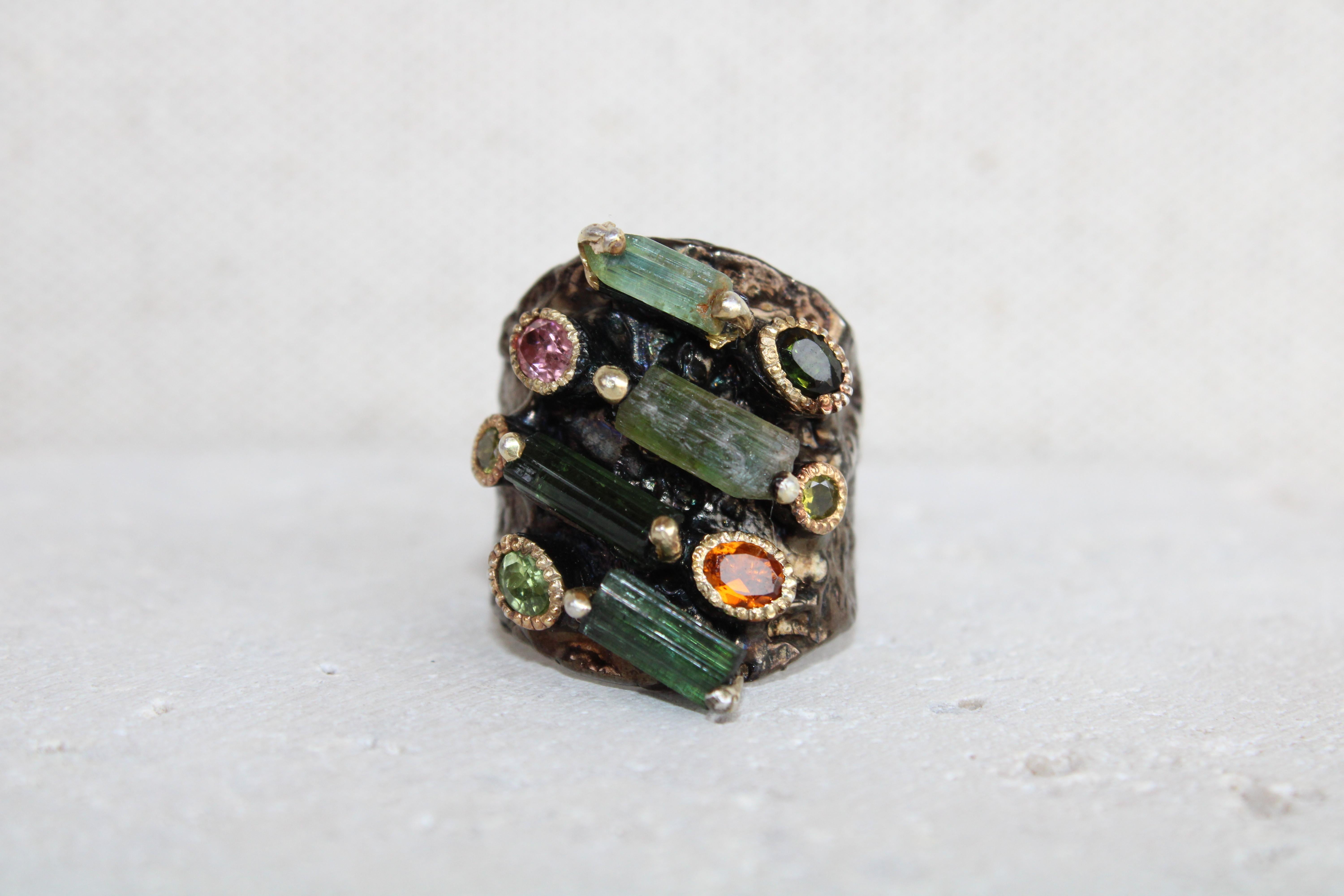 Black Rhodium & Gold Plated Rough Cut Tourmaline Cocktail Ring  In Good Condition For Sale In Amagansett, NY