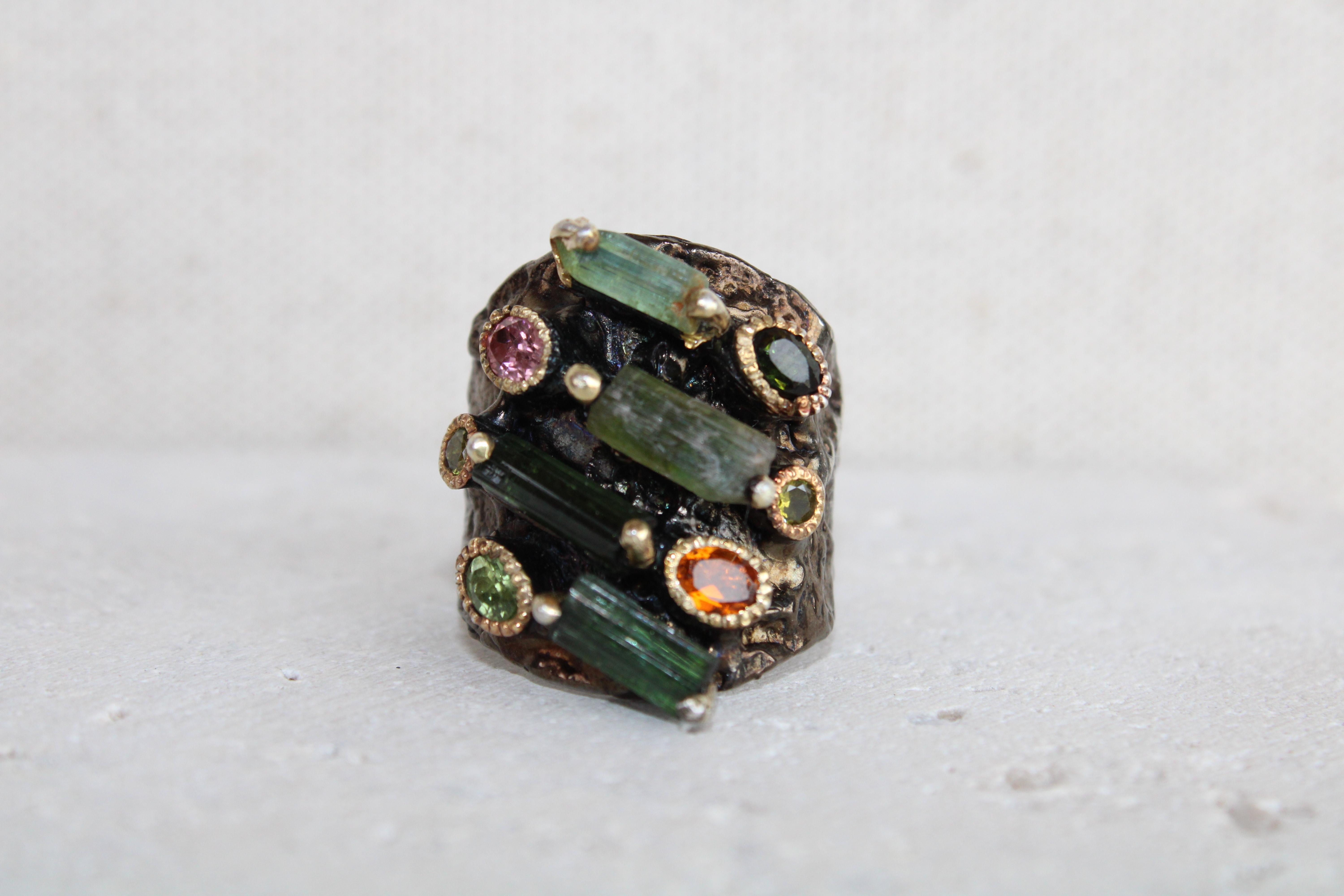 Women's or Men's Black Rhodium & Gold Plated Rough Cut Tourmaline Cocktail Ring  For Sale