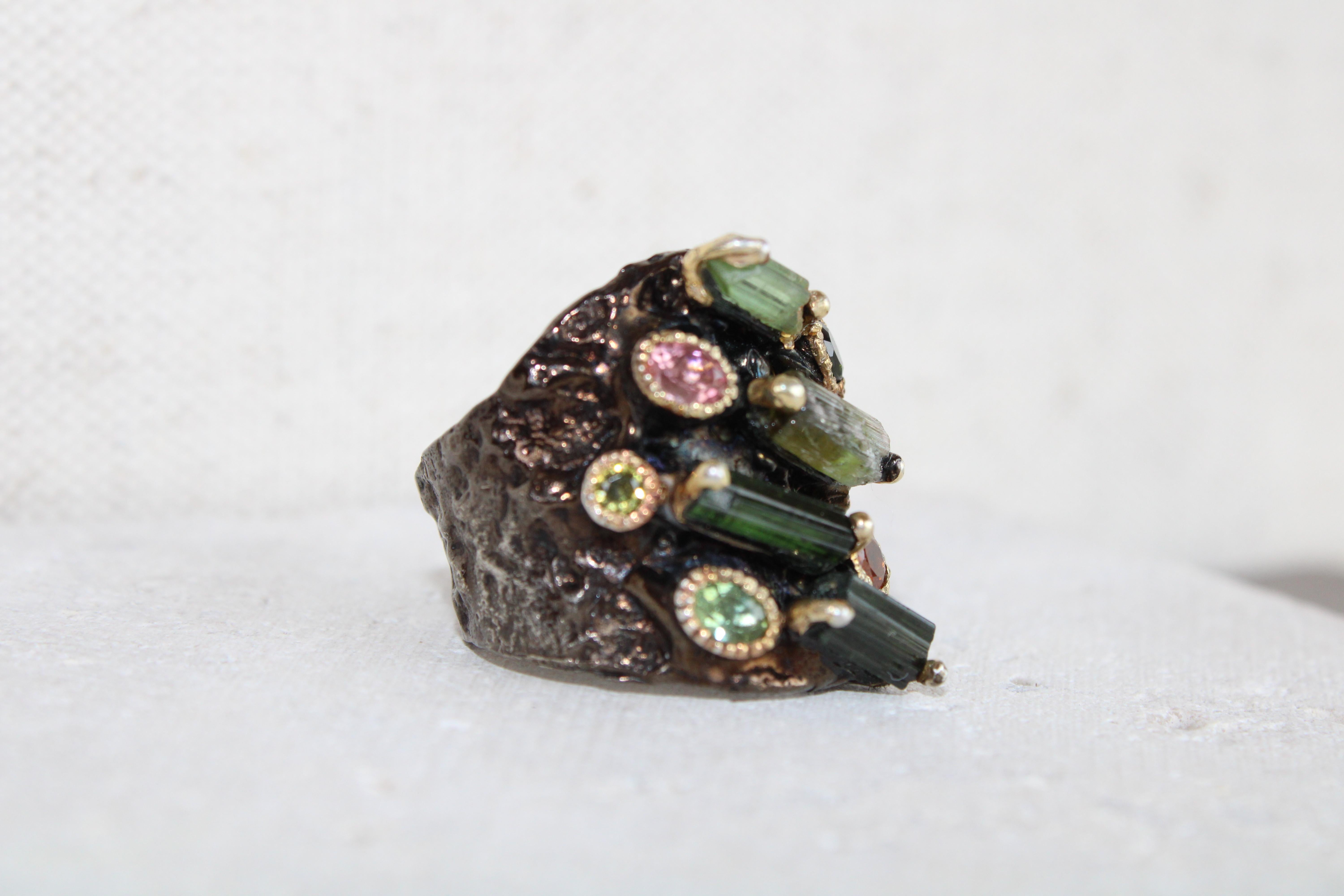 Black Rhodium & Gold Plated Rough Cut Tourmaline Cocktail Ring  For Sale 1