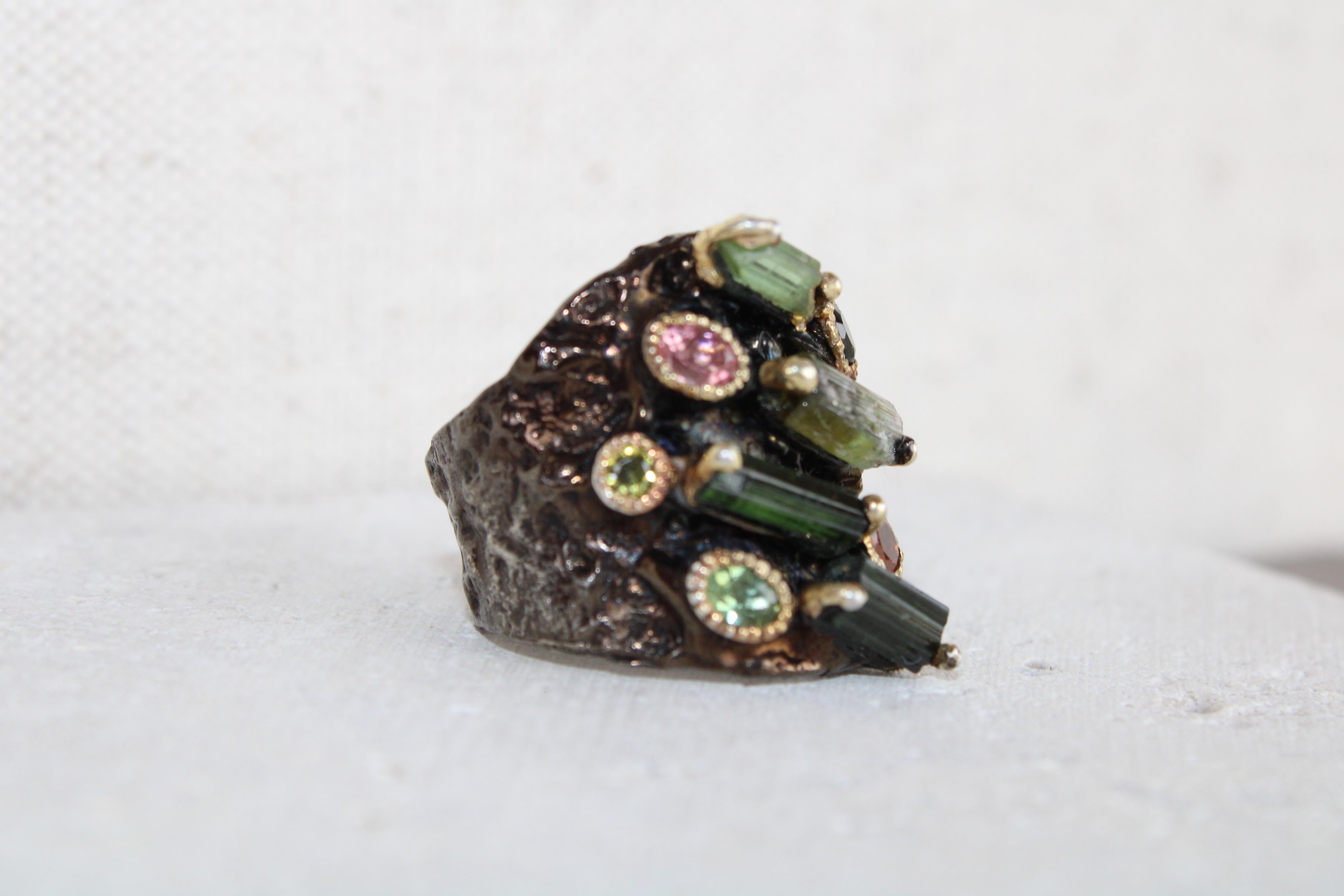Black Rhodium & Gold Plated Rough Cut Tourmaline Cocktail Ring  For Sale 2