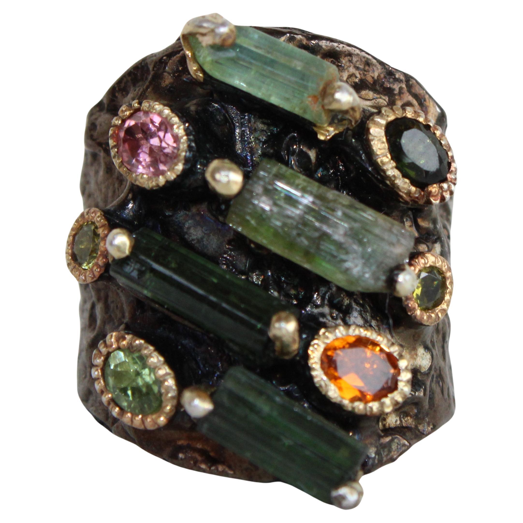 Black Rhodium & Gold Plated Rough Cut Tourmaline Cocktail Ring  For Sale