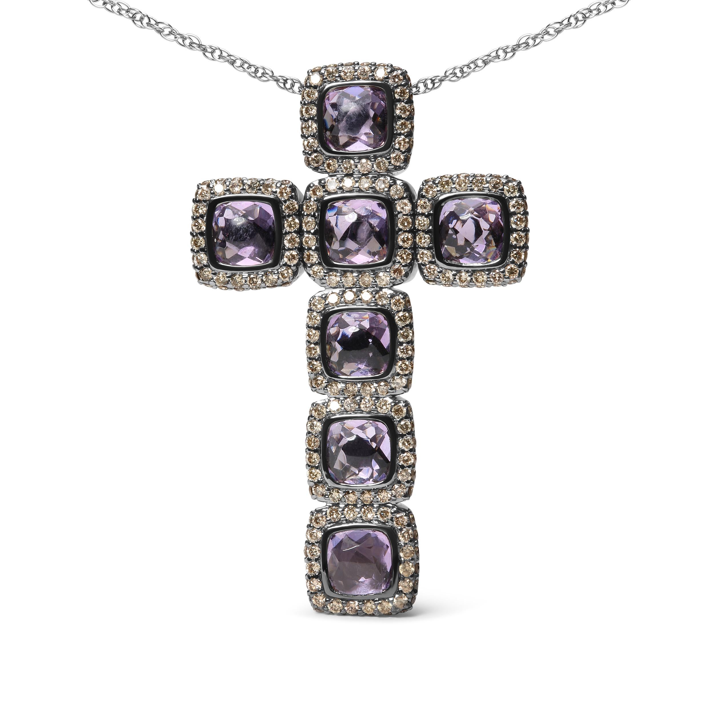 Express your faith in style with this captivating cross pendant necklace made of black rhodium plated 18k rose gold. This unique design is set with a total of seven natural 4 mm cushion-cut Rose De France purple amethysts secured within bezel