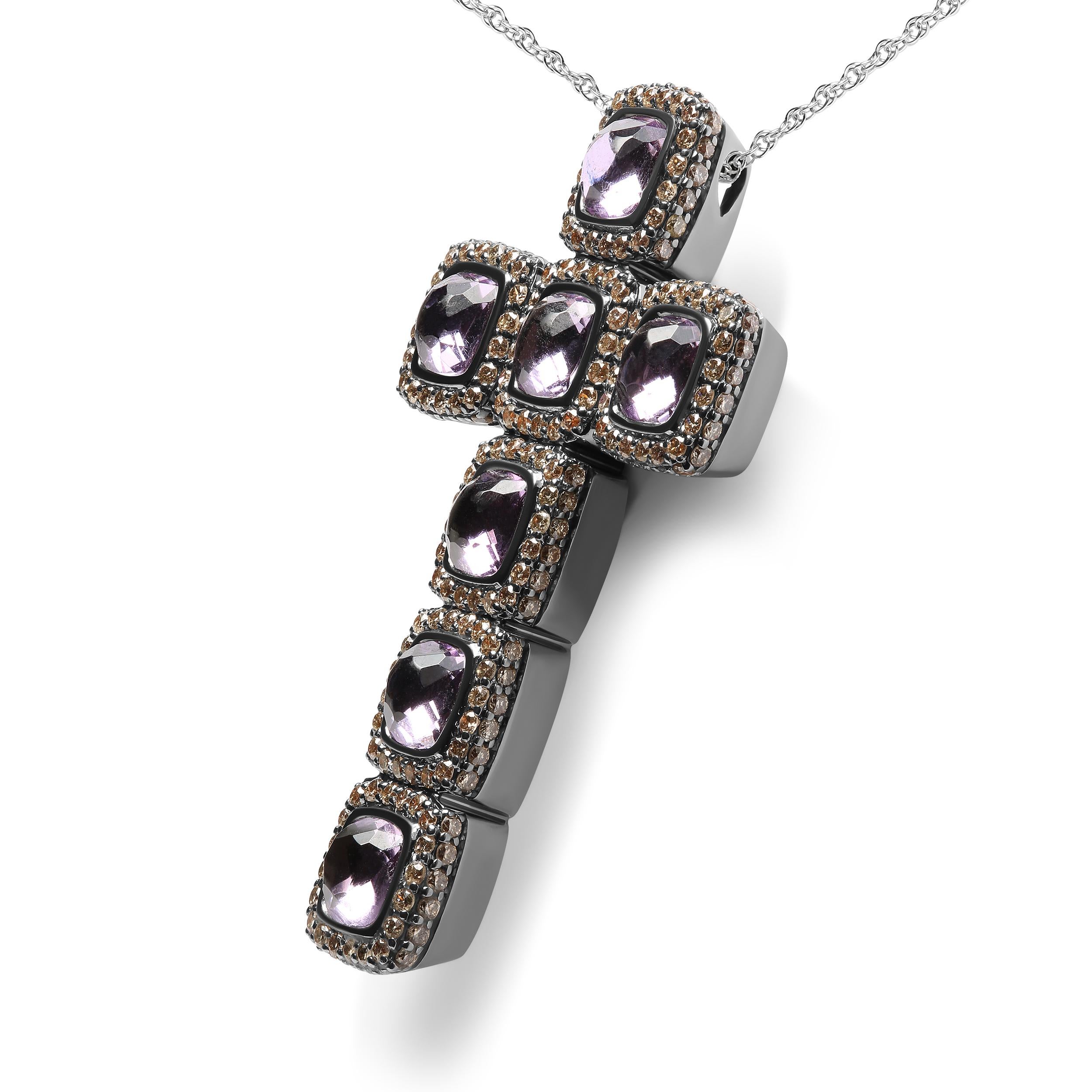 Contemporary Black Rhodium Over 18K Rose Gold 1.5ct Brown Diamond & Amethyst Pendant Necklace For Sale