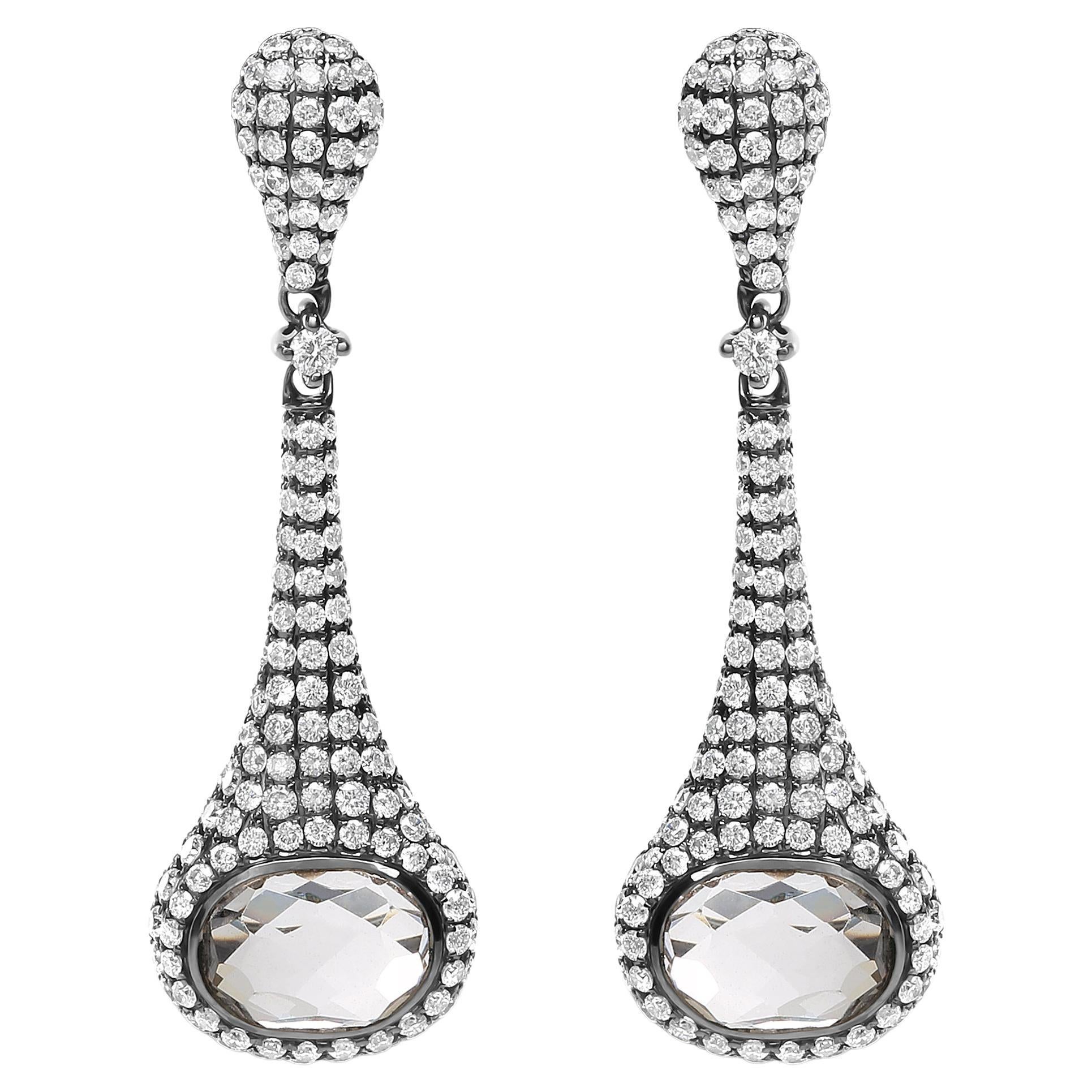 Black Rhodium Over 18K White Gold 1 3/8 Ct Diamond & White Quartz Dangle Earring For Sale