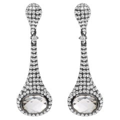 Pendants d'oreilles en rhodium noir sur or blanc 18 carats avec diamants de 1 3/8 carat et quartz blanc