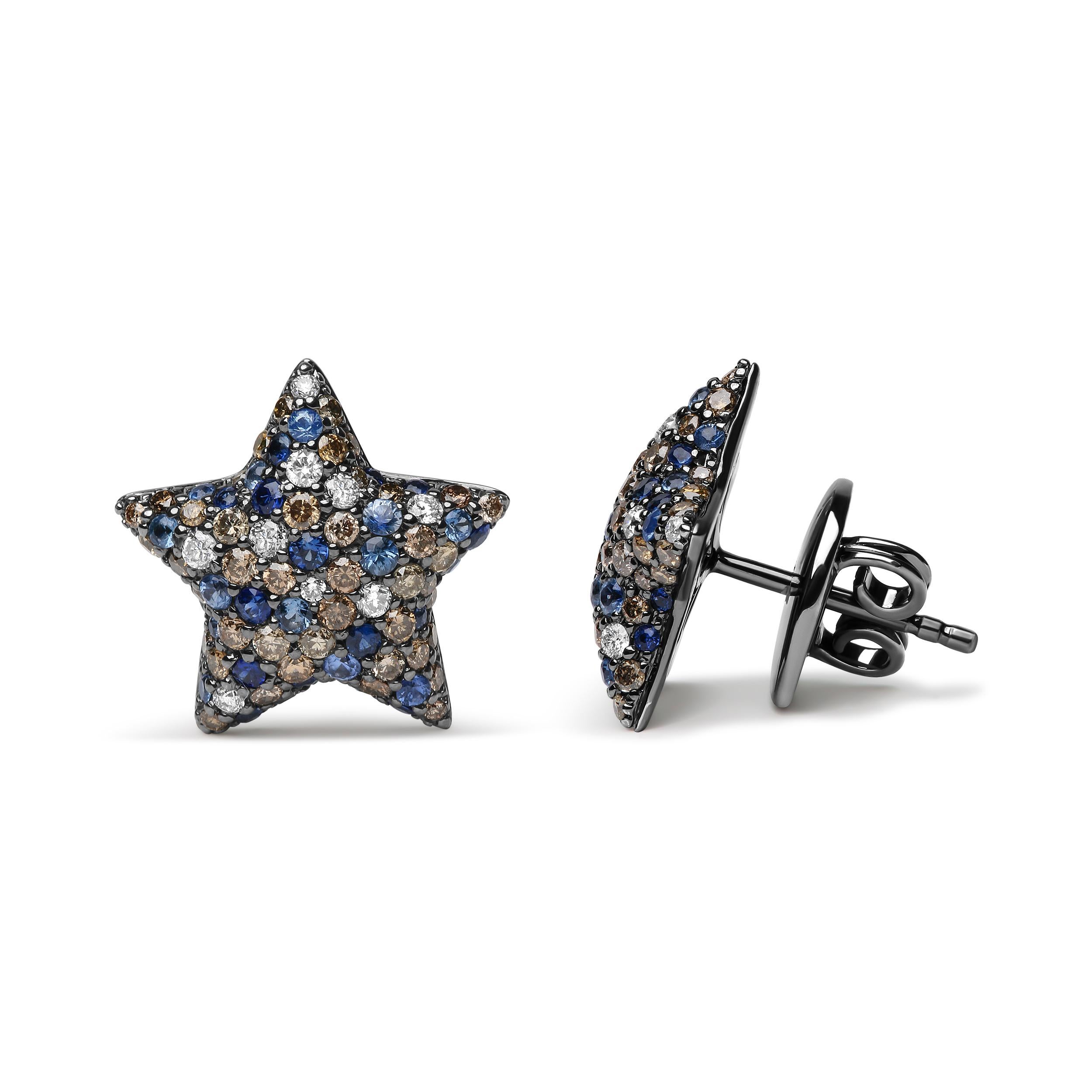 Contemporain Clous d'oreilles en rhodium noir sur or blanc 18 carats avec diamants de 1,0 carat et saphir bleu en vente