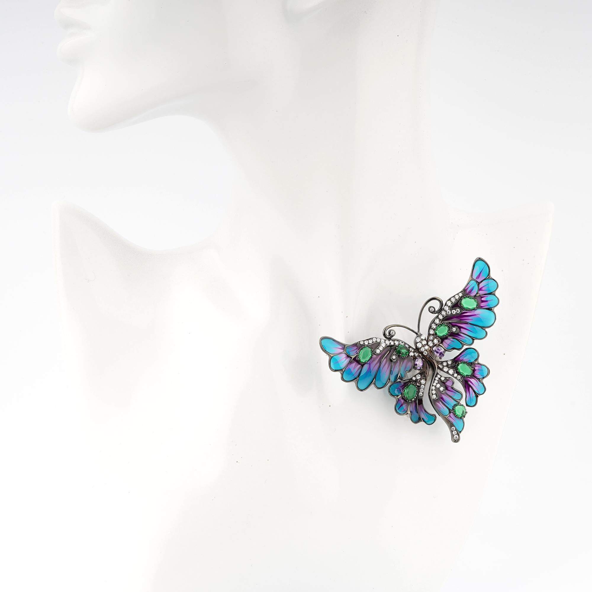 Arts and Crafts Black Rhodium-Plated 925 Sterling Silver with Enamels Butterfly Shaped Brooch For Sale