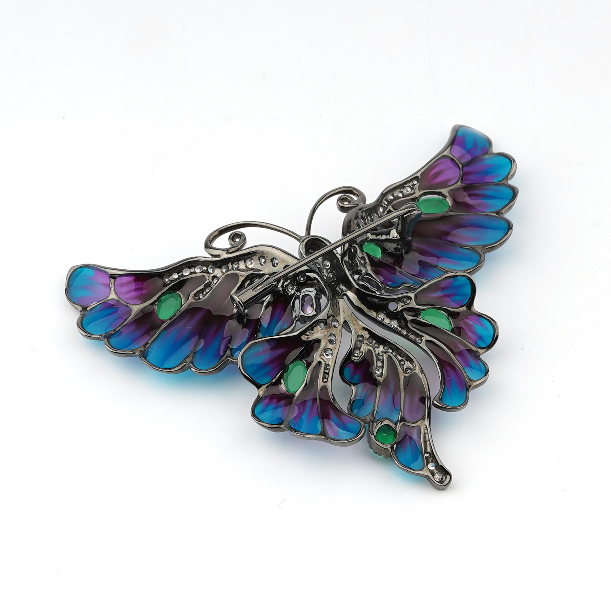 Mixed Cut Black Rhodium-Plated 925 Sterling Silver with Enamels Butterfly Shaped Brooch For Sale