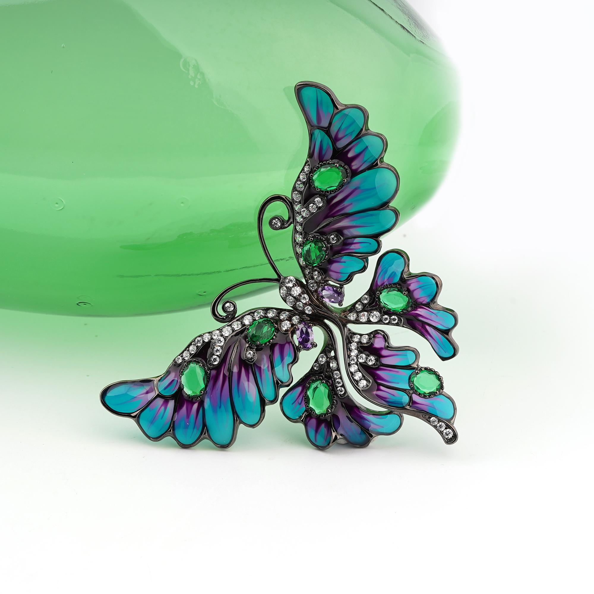 Black Rhodium-Plated 925 Sterling Silver with Enamels Butterfly Shaped Brooch In New Condition For Sale In Marcianise, IT