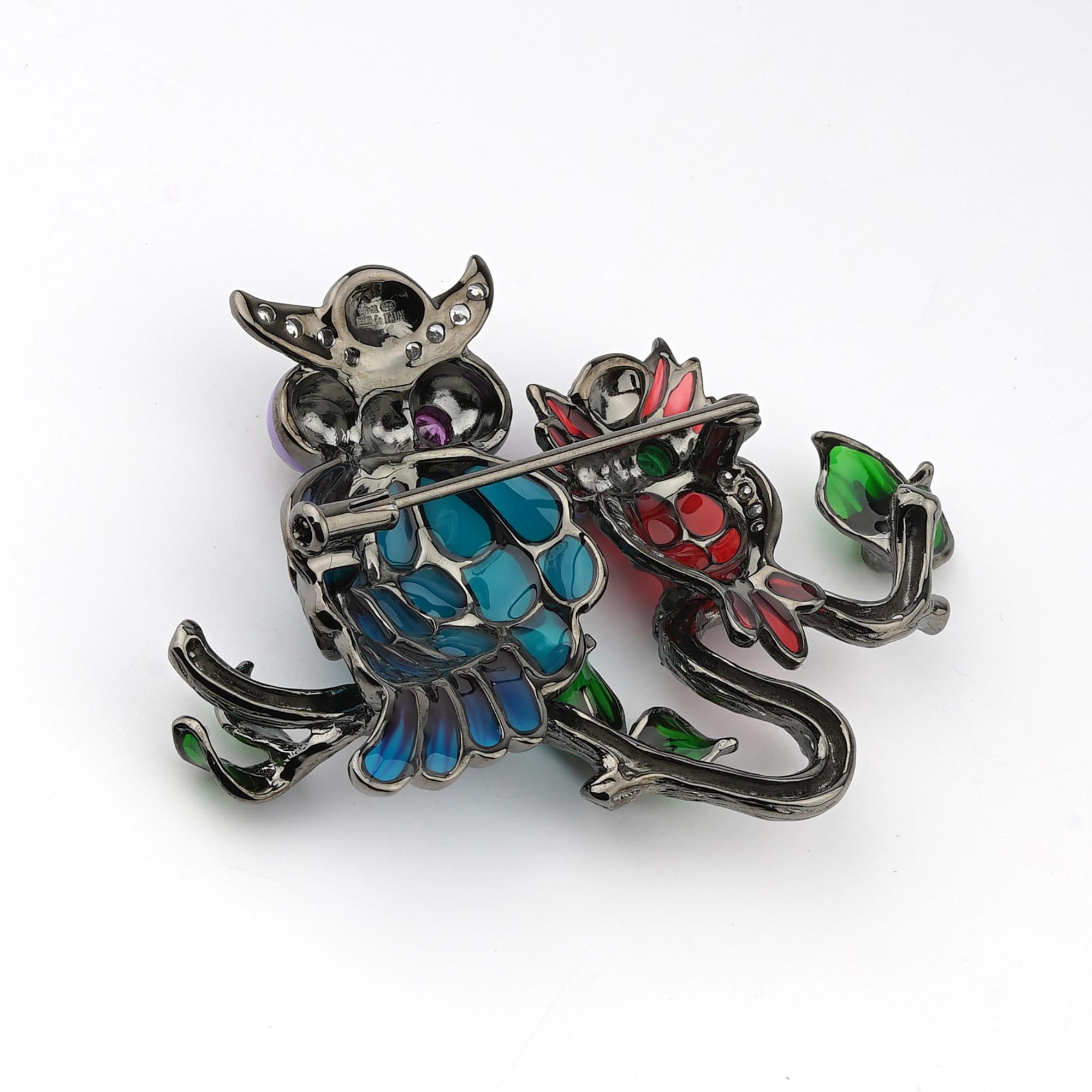 Mixed Cut Black Rhodium-Plated 925 Sterling Silver with Enamels Owls Shaped Brooch
