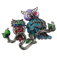 Black Rhodium-Plated 925 Sterling Silver with Enamels Owls Shaped Brooch