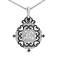 Black Rhodium Plated Silver 3/4 Cttw Diamond Ornate Medallion Pendant Necklace