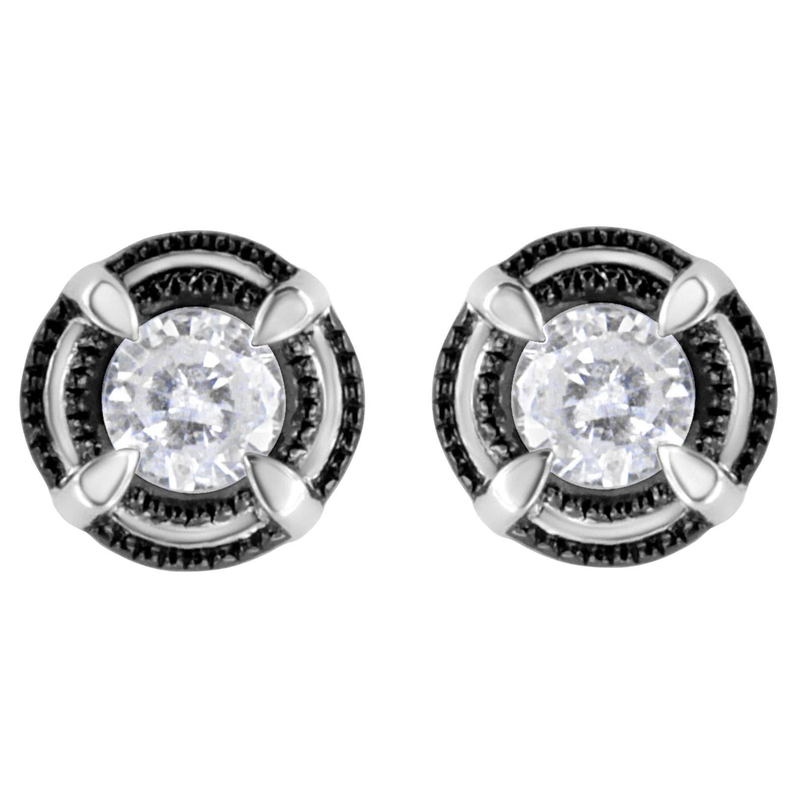 Black Rhodium Plated Sterling Silver 1/2 cttw Diamond Double Halo Stud Earrings
