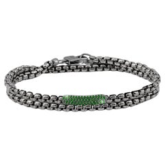 Used Black Rhodium Plated Sterling Silver Catena Baton Bracelet with Emeralds, Size L