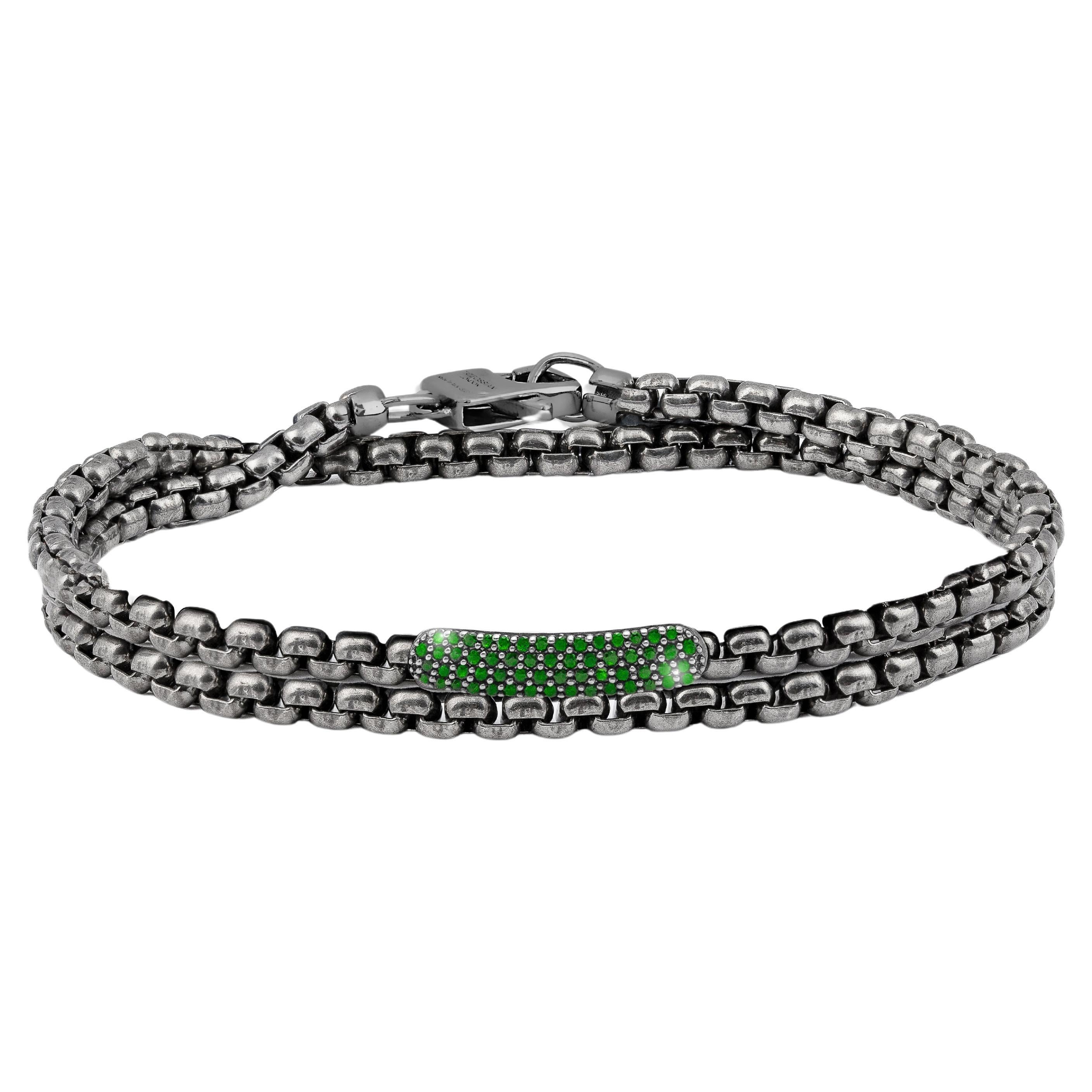 Black Rhodium Plated Sterling Silver Catena Baton Bracelet with Emeralds, Size M For Sale