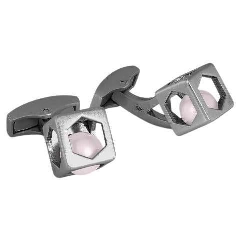 Black Rhodium Plated Sterling Silver Pearl Hex Cube Cufflinks For Sale