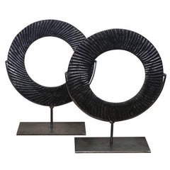 Black Ribbed Pair of Stone Rings, China, Contemporary