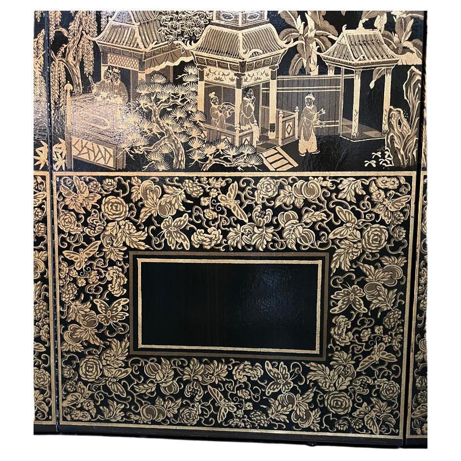 Black Robert Crowder, Four Panel, Chinoiserie, Hand Painted Screen with Gold Leaf Detail.