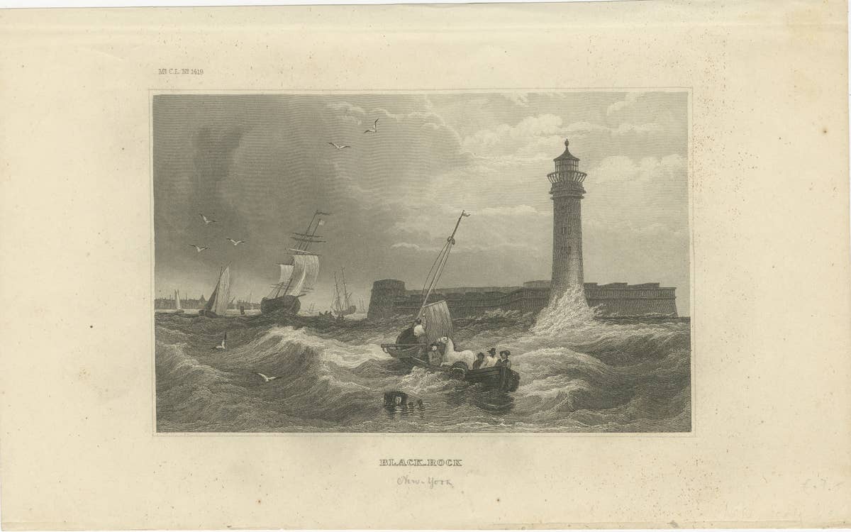 Black Rock New York Harbor Lighthouse – Antique Steel Engraving c.1850