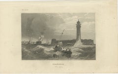 Black Rock New York Harbor Lighthouse – Antique Steel Engraving c.1850