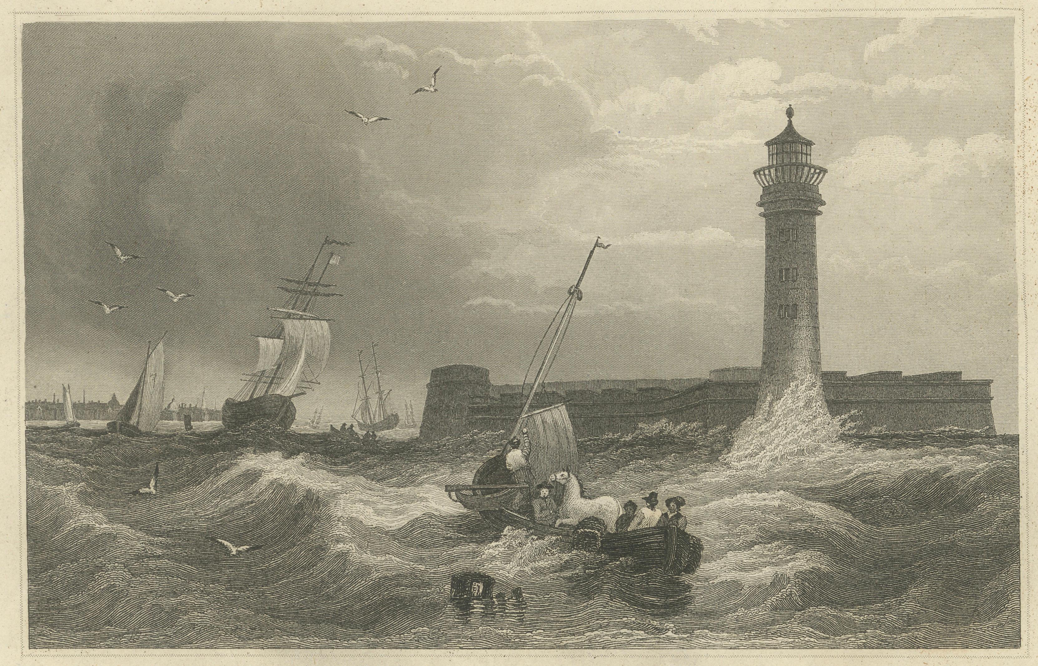 Black Rock New York Harbor Lighthouse – Antique Steel Engraving c.1850