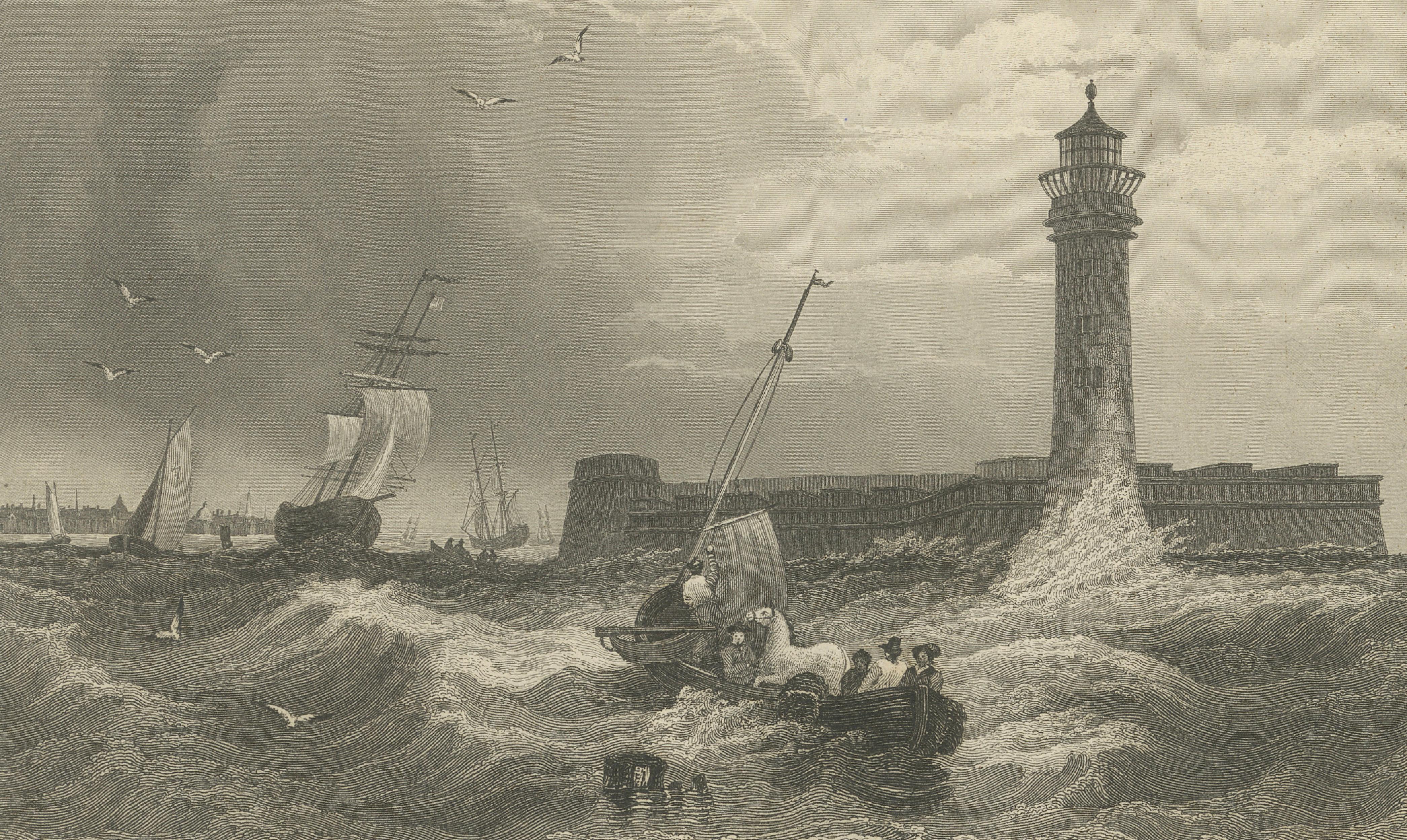 Black Rock New York Harbor Lighthouse – Antique Steel Engraving c.1850