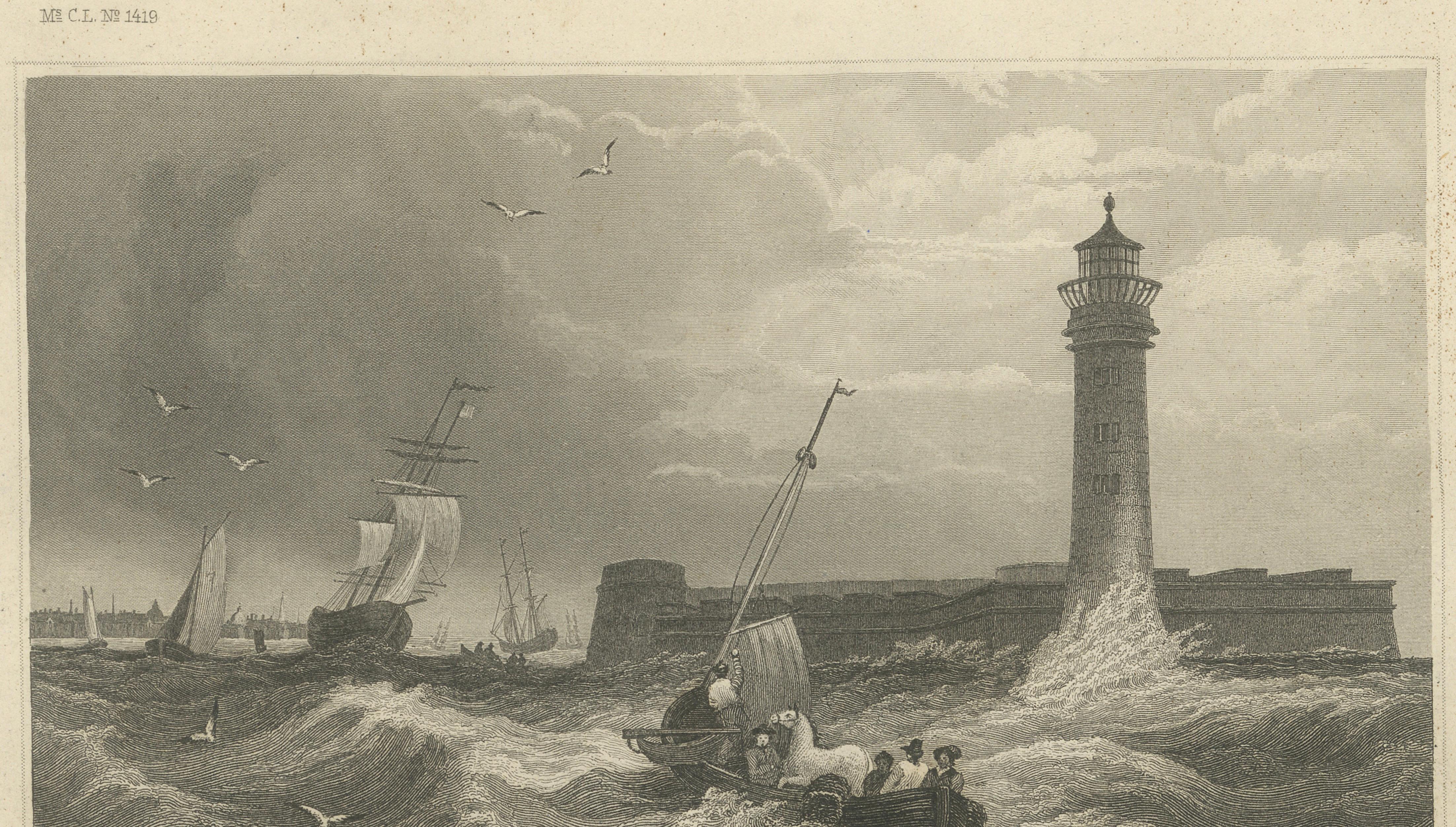 Black Rock New York Harbor Lighthouse – Antique Steel Engraving c.1850