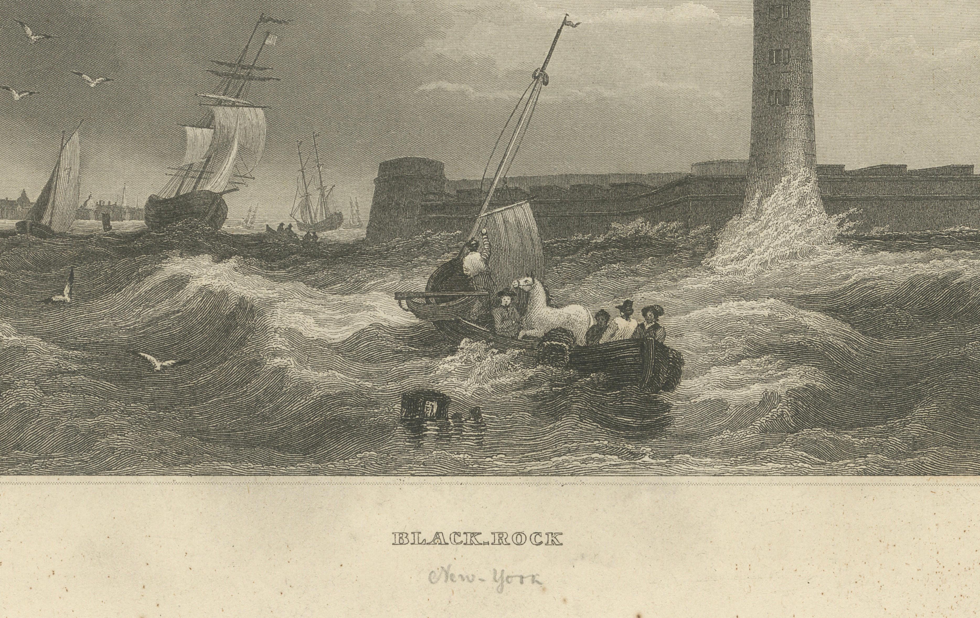 Black Rock New York Harbor Lighthouse – Antique Steel Engraving c.1850