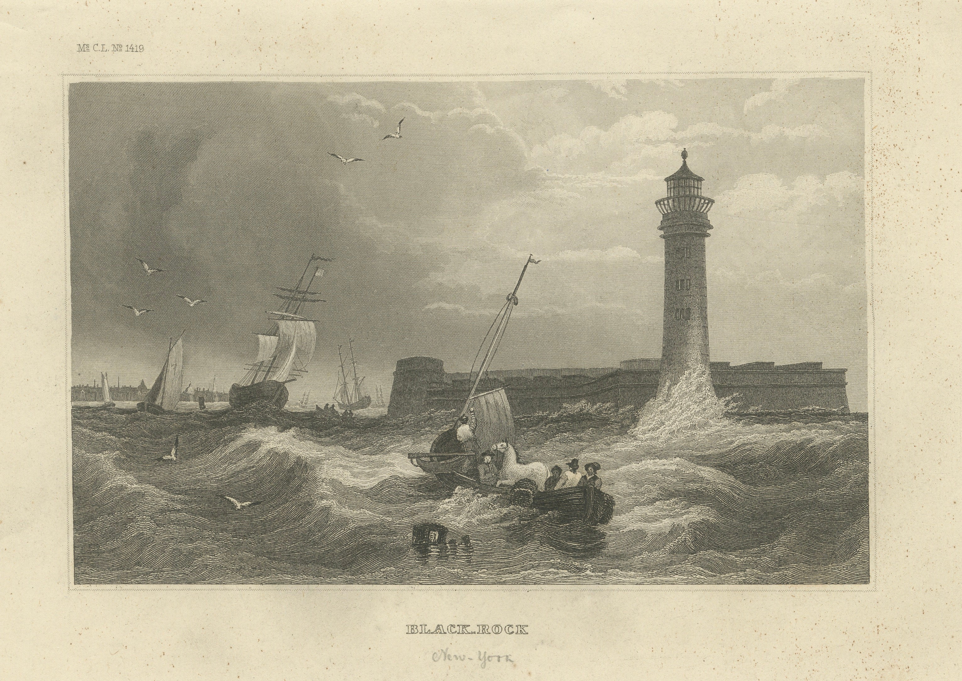 Black Rock New York Harbor Lighthouse – Antique Steel Engraving c.1850