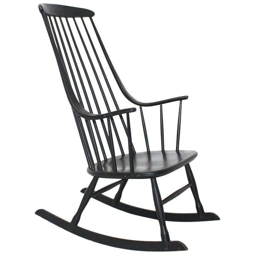 Midcentury Black Wood Vintage Scandinavian Rocking Chair with Rope Seat ...