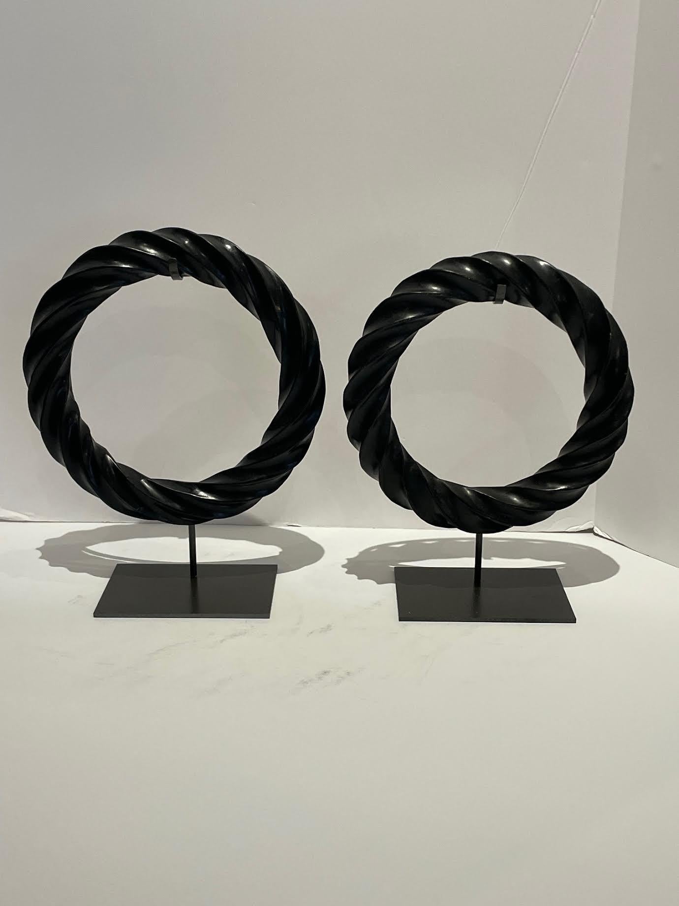 Black Rope Stone Set Of Two Rings On Stands, China, Contemporary In New Condition For Sale In New York, NY