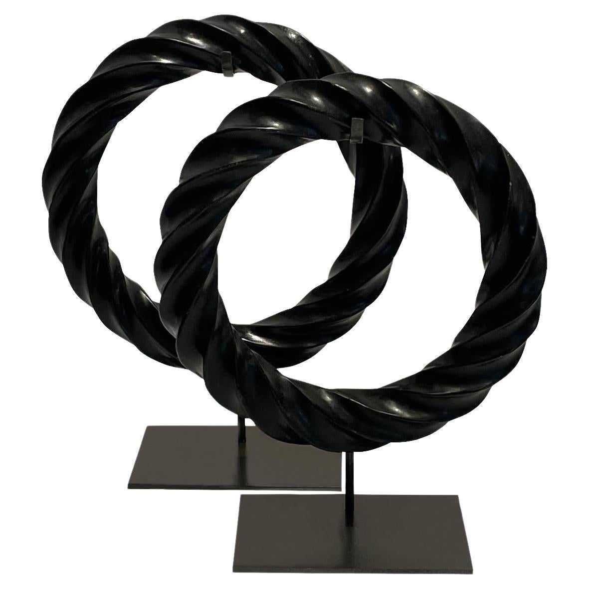 Black Rope Stone Set Of Two Rings On Stands, China, Contemporary